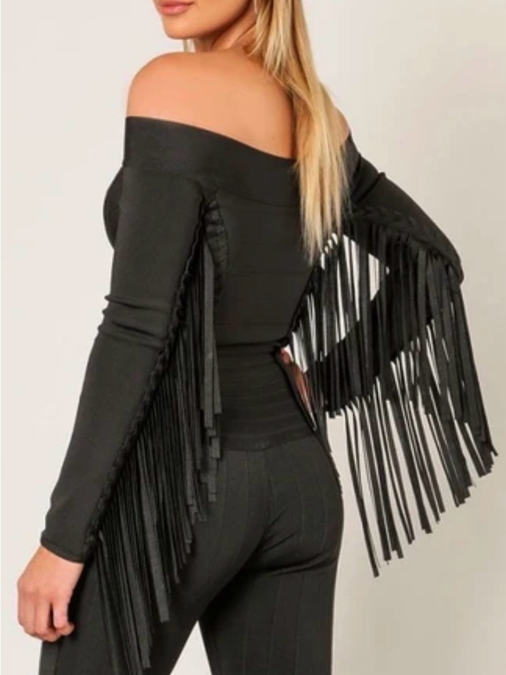 Fashion Nova Black Off-Shoulder Fringe Long Sleeve Top